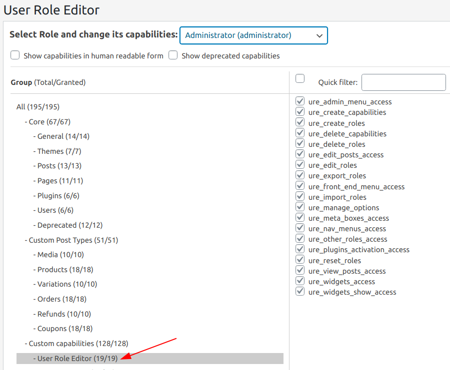 User Role Editor custom capabilities