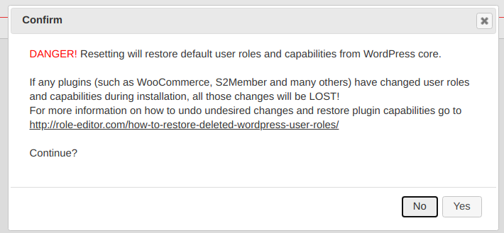 Reset user roles confirmation