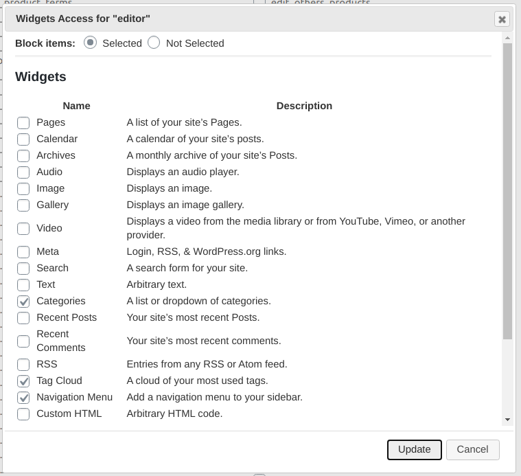 widgets admin access manager window