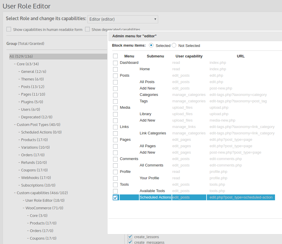 Scheduled Actions in admin menu for editor