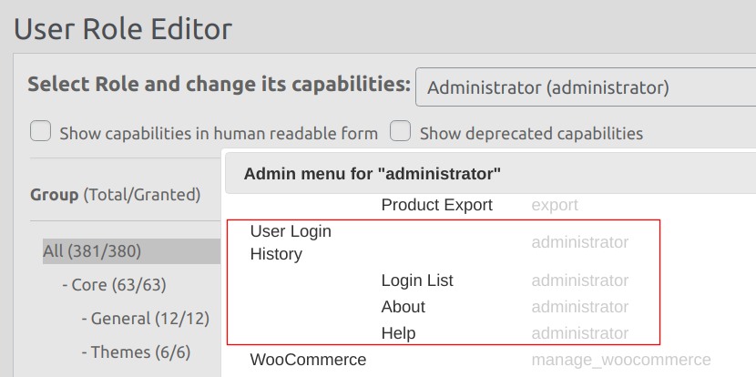 user login history admin menu permissions