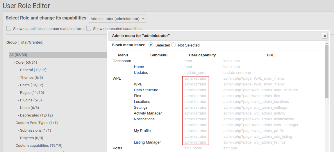 WPL admin menu access